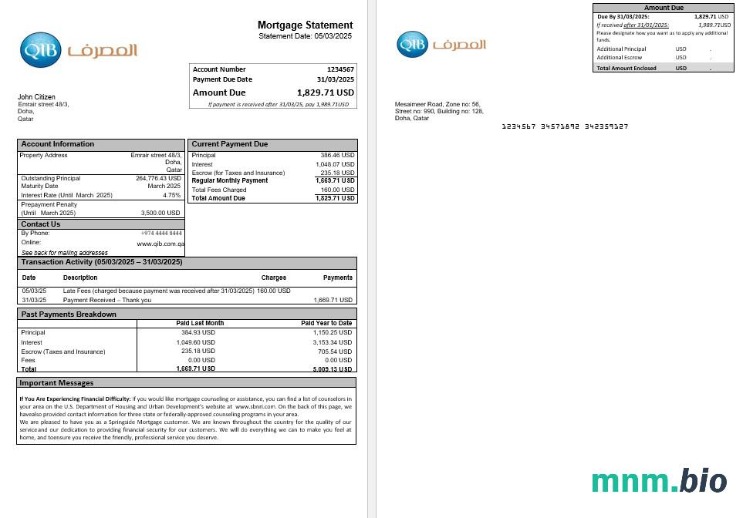 Katar Bank Islamski wyciąg z kredytu hipotecznego w formatach Word i PDF